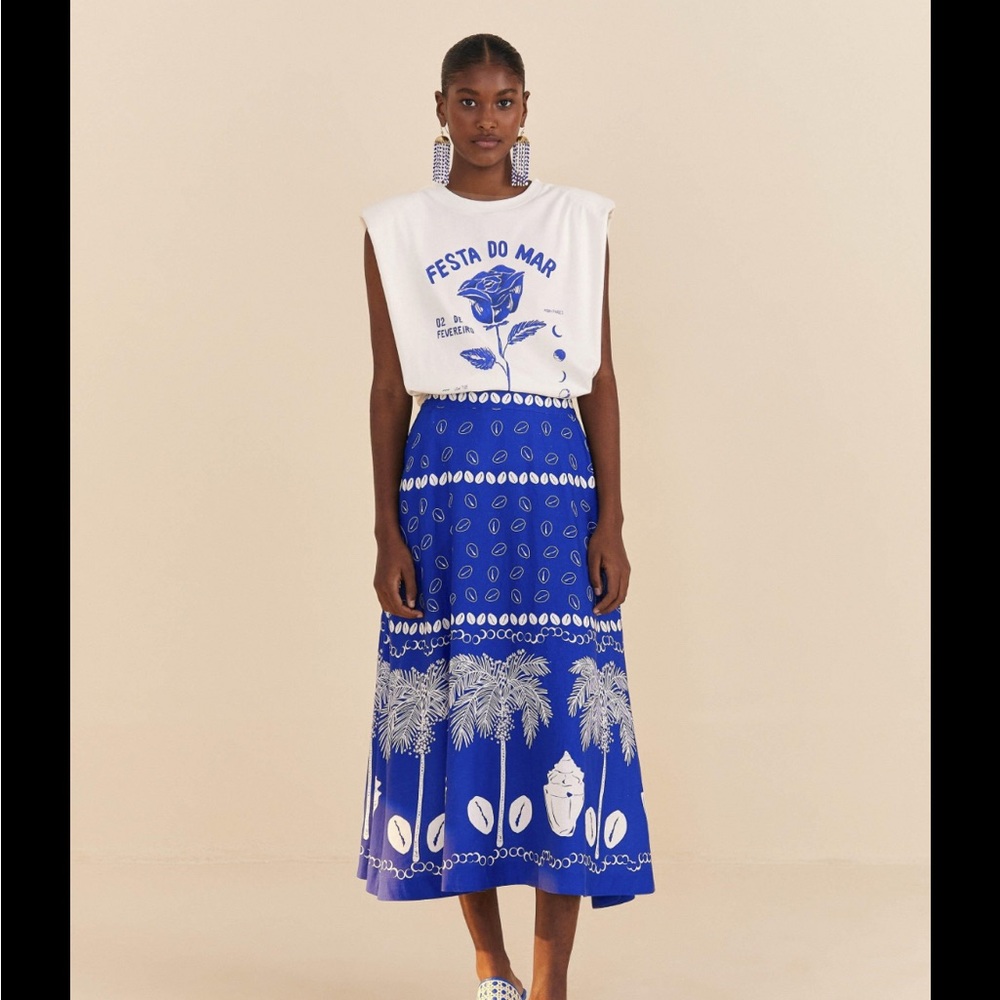 Farm Rio Ondina Blue Midi Skirt Small (NWT)